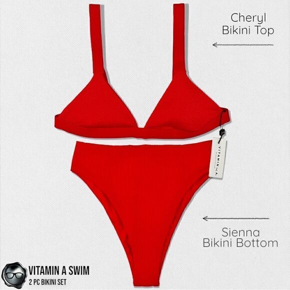 VITAMIN A SWIM BIKINI SET: CHERYL TOP + SIENNA HIGH WAIST BOTTOM IN MARISOL RED - Picture 1 of 15